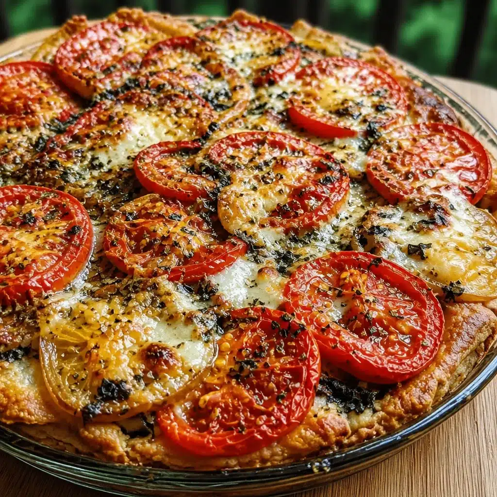Delicious Summer Tomato and Eggplant Pie, beautifully sliced and baked with herbs.