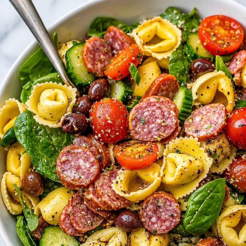 Italian Tortellini Pasta Salad with veggies, salami, and homemade dressing.