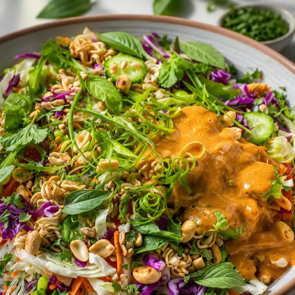 Thai Crunch Salad with Spicy Peanut Ginger Dressing featuring fresh veggies and crunchy peanuts.