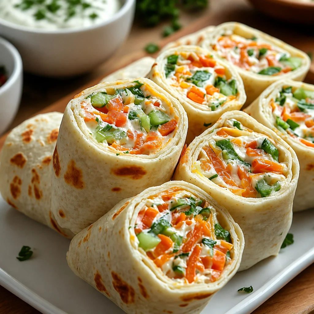 Delicious Vegetable Tortilla Roll Ups filled with cream cheese and fresh vegetables.