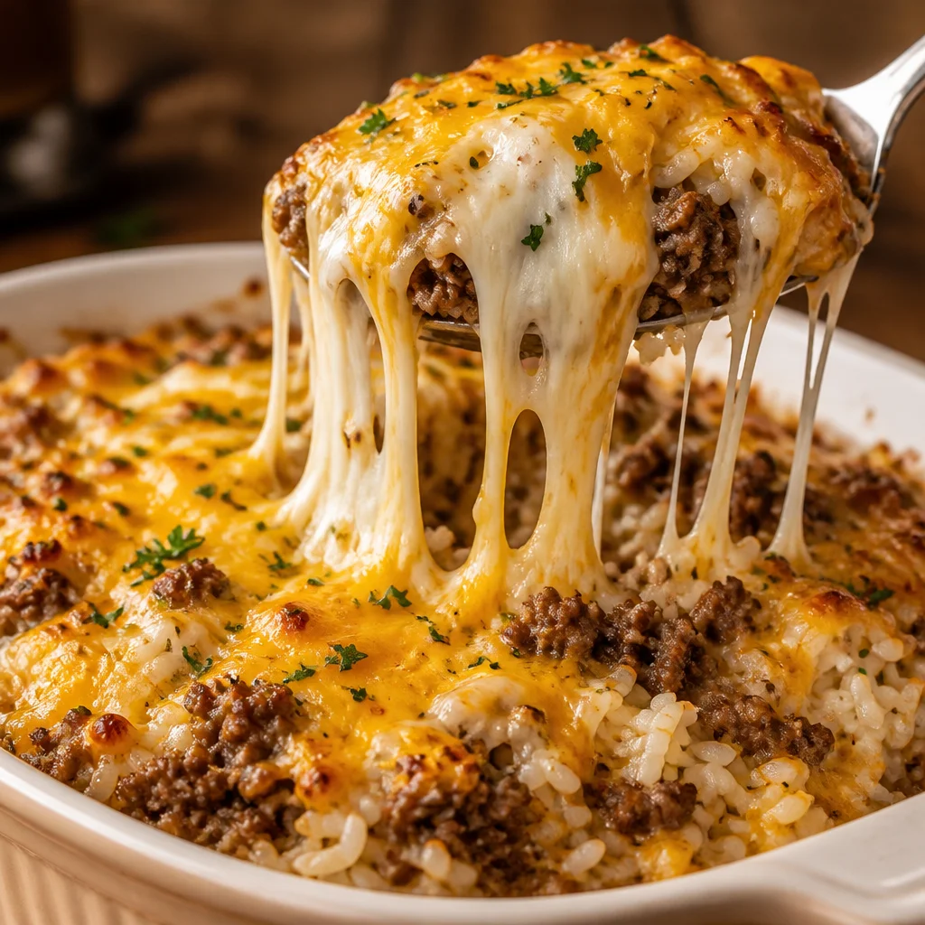 Delicious Ground Beef and Rice Casserole baked with cheese and spices.