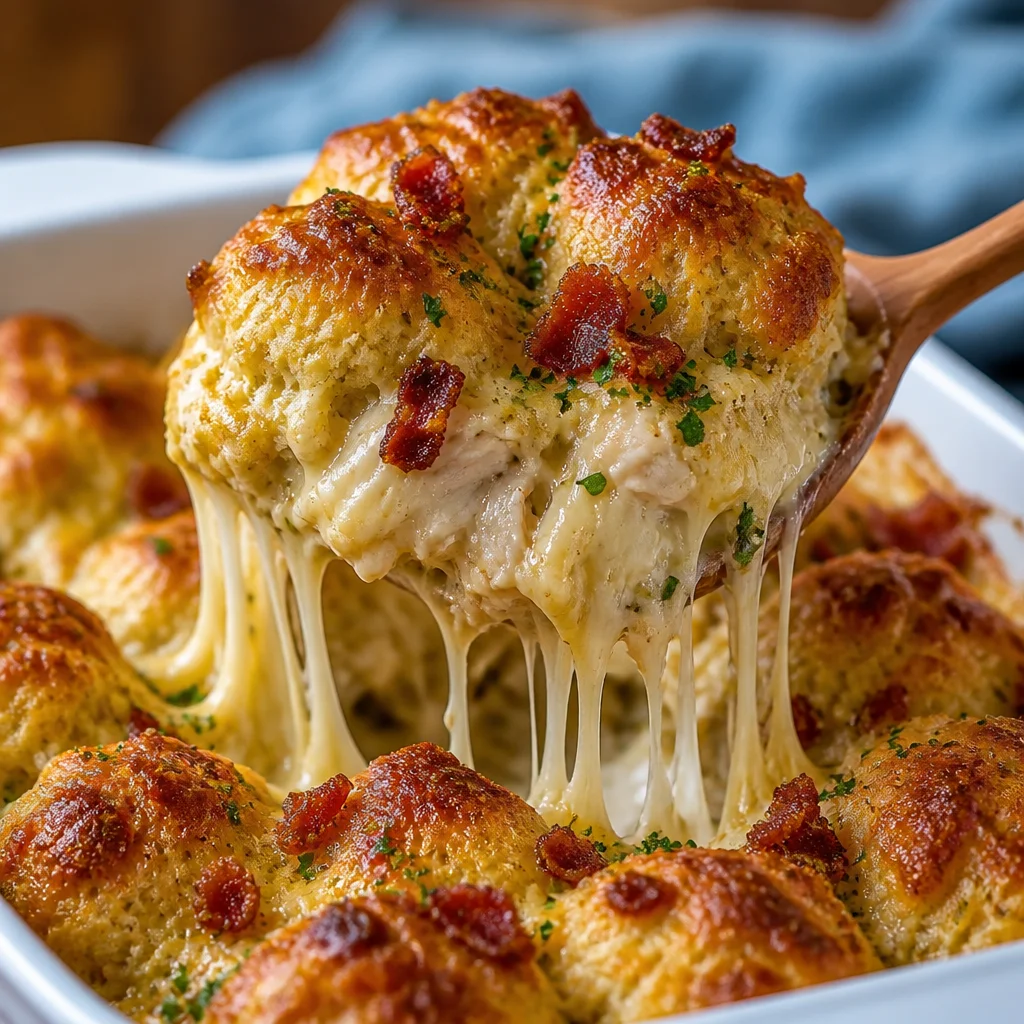 Delicious Chicken Bubble Biscuit Bake Casserole with chicken, biscuits, and creamy sauce