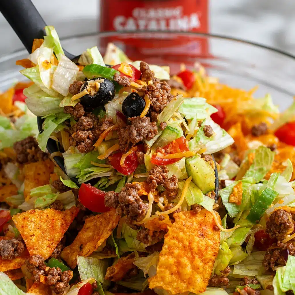 Easy taco salad with romaine lettuce, ground beef, avocado, and salsa.