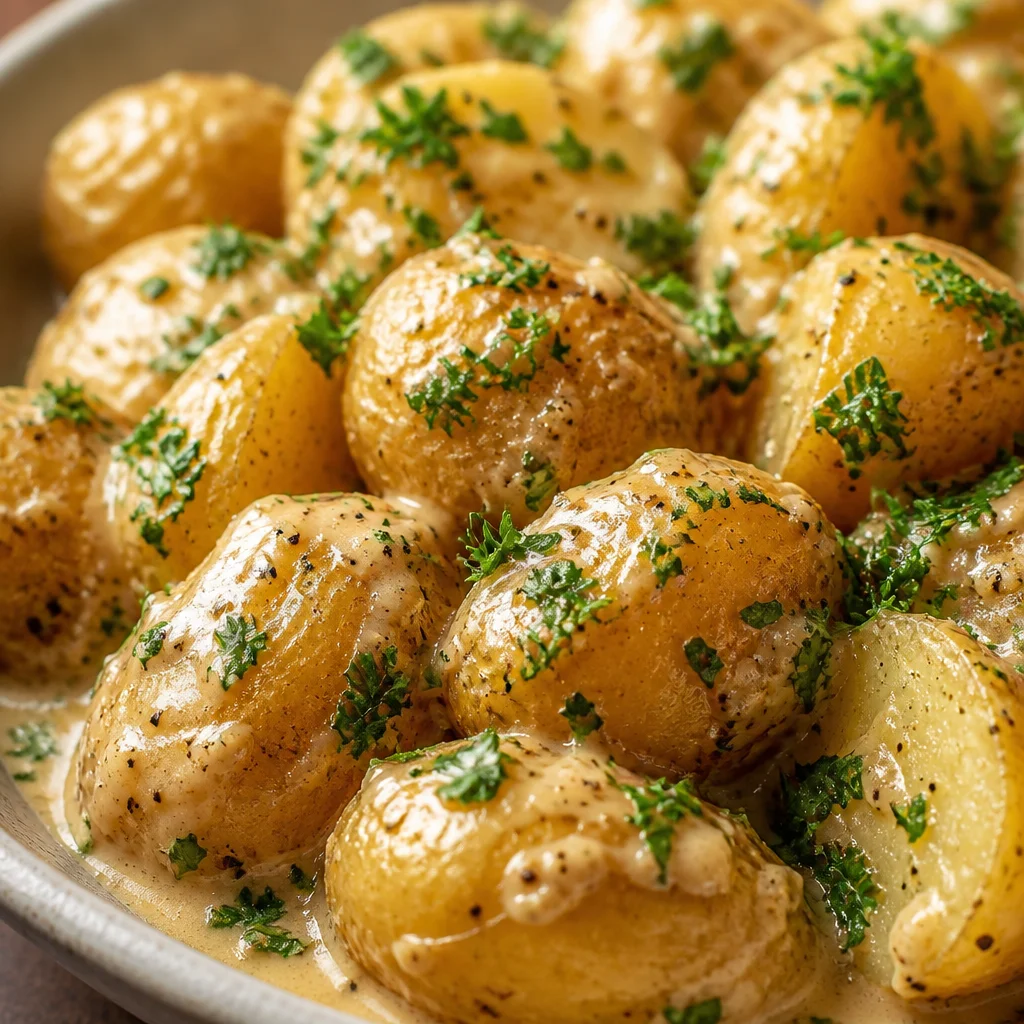 Creamy Garlic Sauce Baby Potatoes garnished with parsley in a skillet.