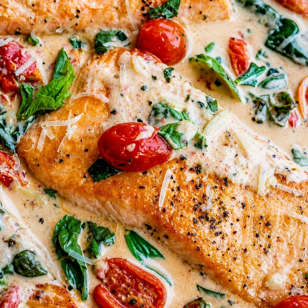 Delicious creamy Tuscan salmon with sun-dried tomatoes and spinach in a rich sauce.