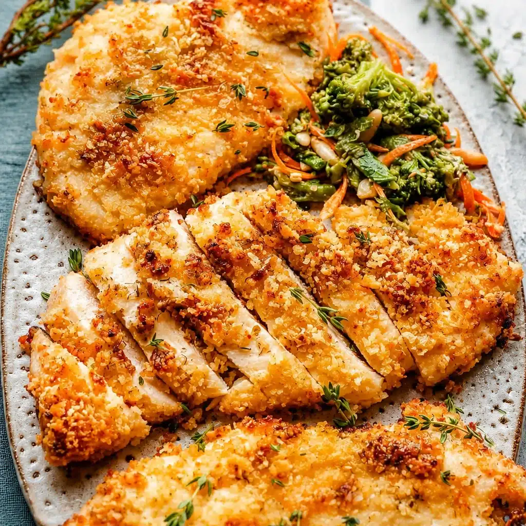 Juicy Baked Ranch Chicken garnished with herbs, served on a plate with vegetables.