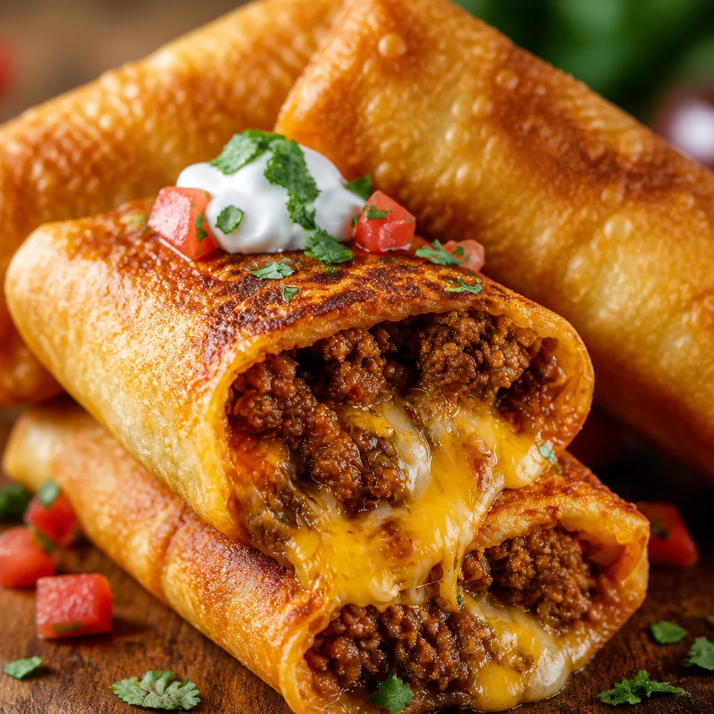 Crispy Beef and Cheese Chimichangas golden perfection filled with beef and cheese.