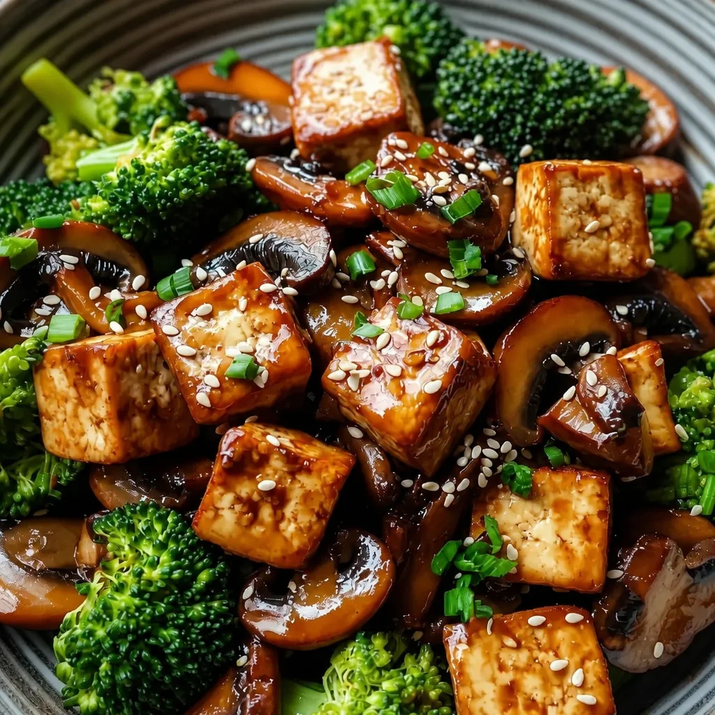 Delicious mushroom and tofu stir-fry served over rice with vibrant vegetables.