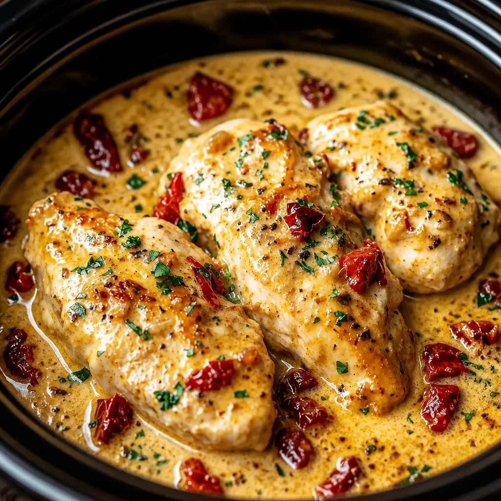 Dump and Go Crockpot Marry Me Chicken in creamy sun-dried tomato sauce