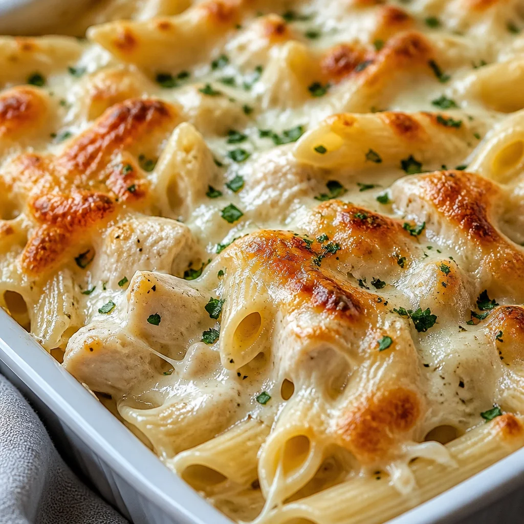 A creamy Dump and Bake Chicken Alfredo Casserole ready to serve with cheese and pasta.