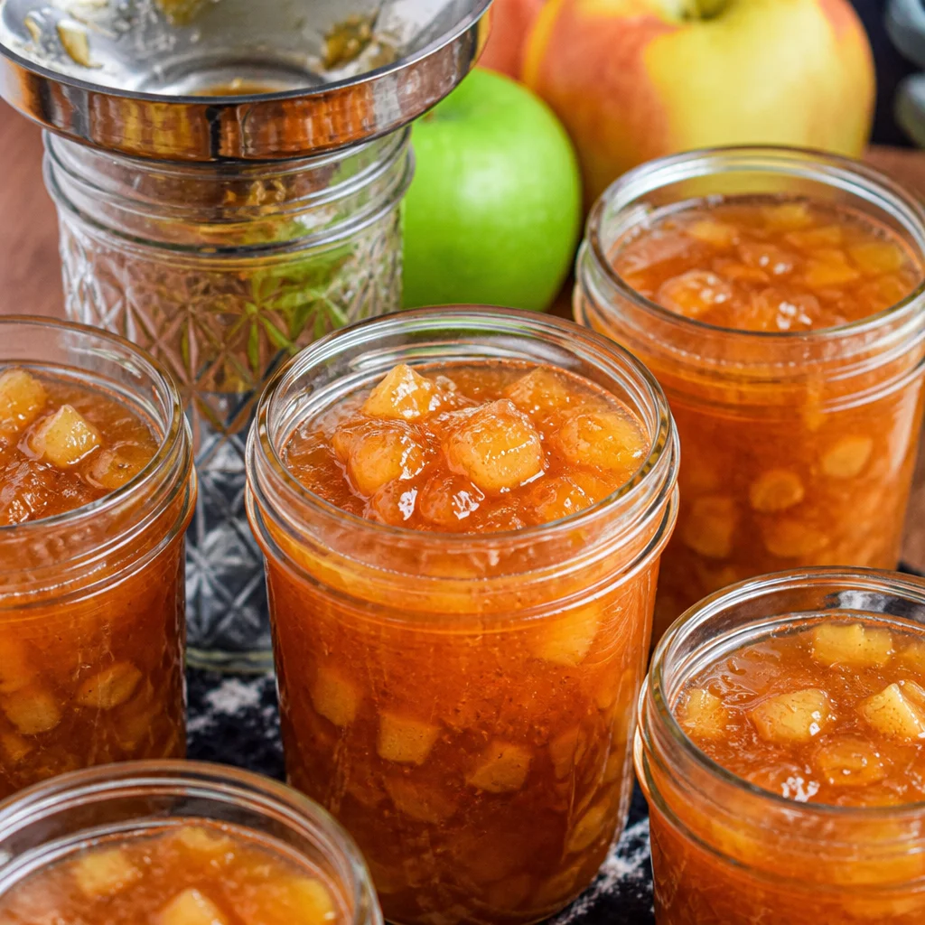 A jar of homemade Apple Pie Jam with apples and spices spilling out.