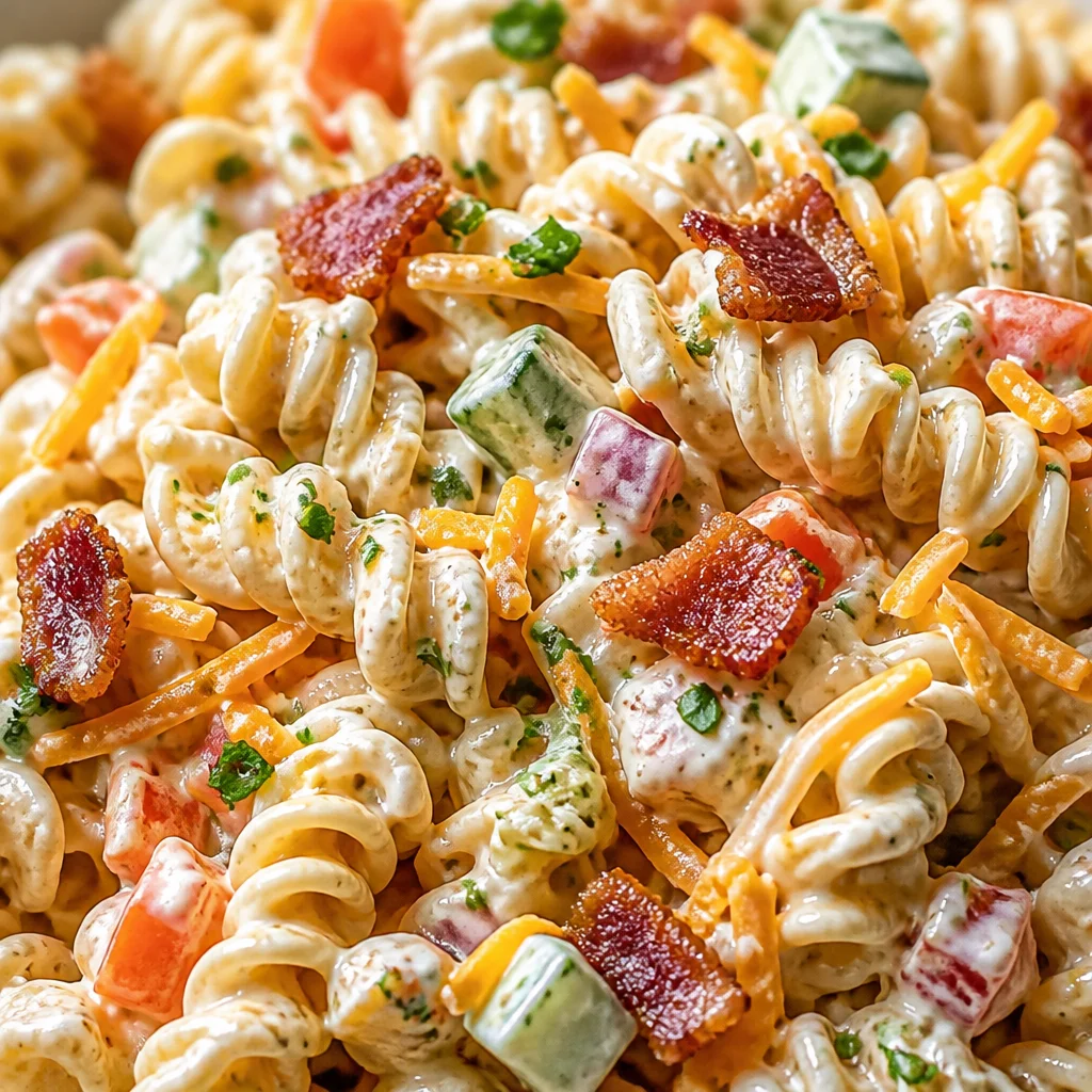 Creamy Bacon Ranch Pasta Salad with crispy bacon, cheese, tomatoes, and peas