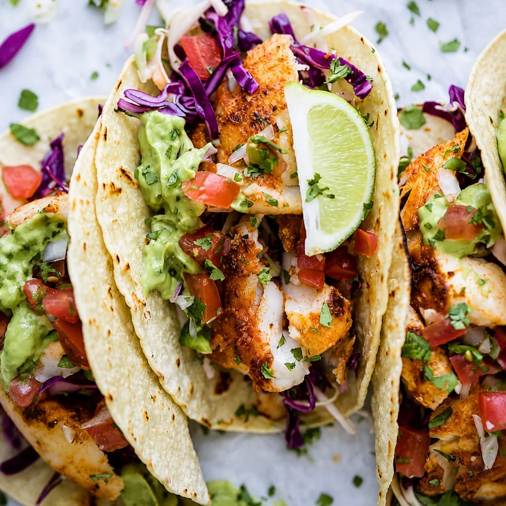 Delicious Epic Baja Fish Tacos with cabbage slaw and creamy avocado crema.