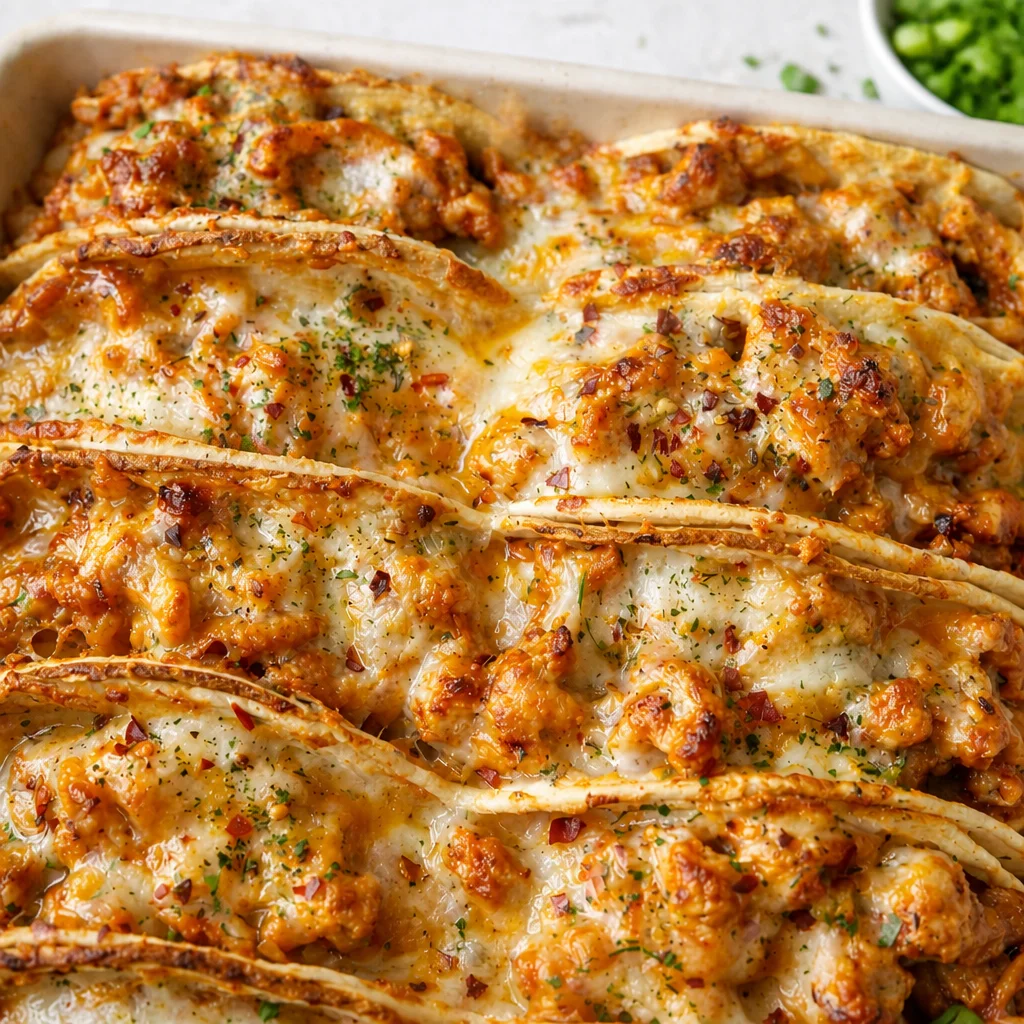 Cheesy Oven-Crispy Chicken Bacon Ranch Tacos with melted cheese and crispy bacon.