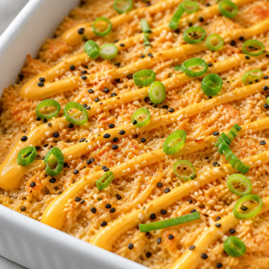 Delicious Salmon Sushi Bake with sushi rice, salmon, and creamy sauce in a casserole dish.