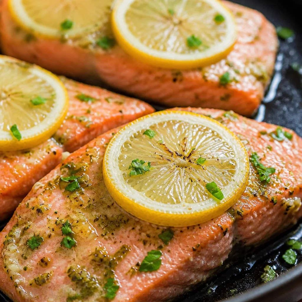 Oven roasted salmon with garlic butter and herbs served on a plate