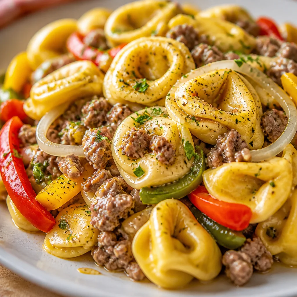 Crock Pot Cheesesteak Tortellini with beef, cheese tortellini, peppers, and creamy sauce