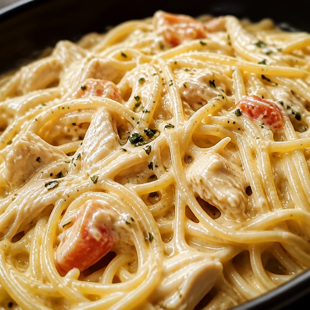Creamy Crockpot Chicken Spaghetti served with cheese and tomatoes, perfect weeknight dinner.