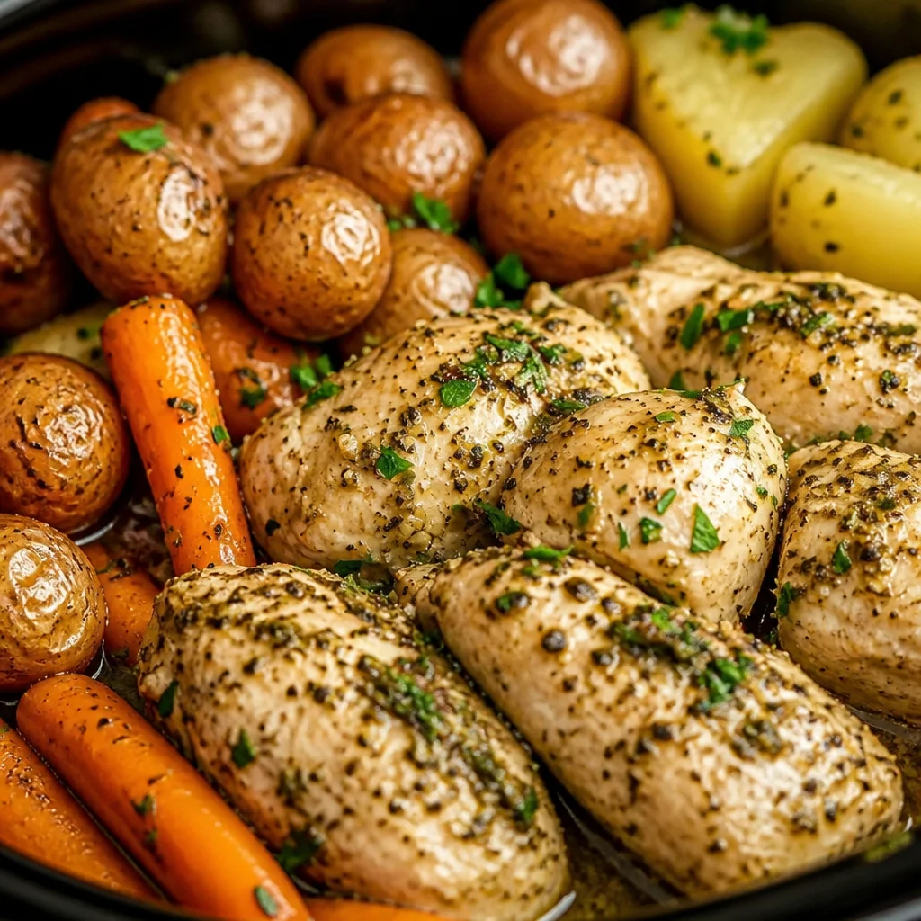 Crockpot Garlic Herb Chicken and Veggies with herbs and vegetables in slow cooker.