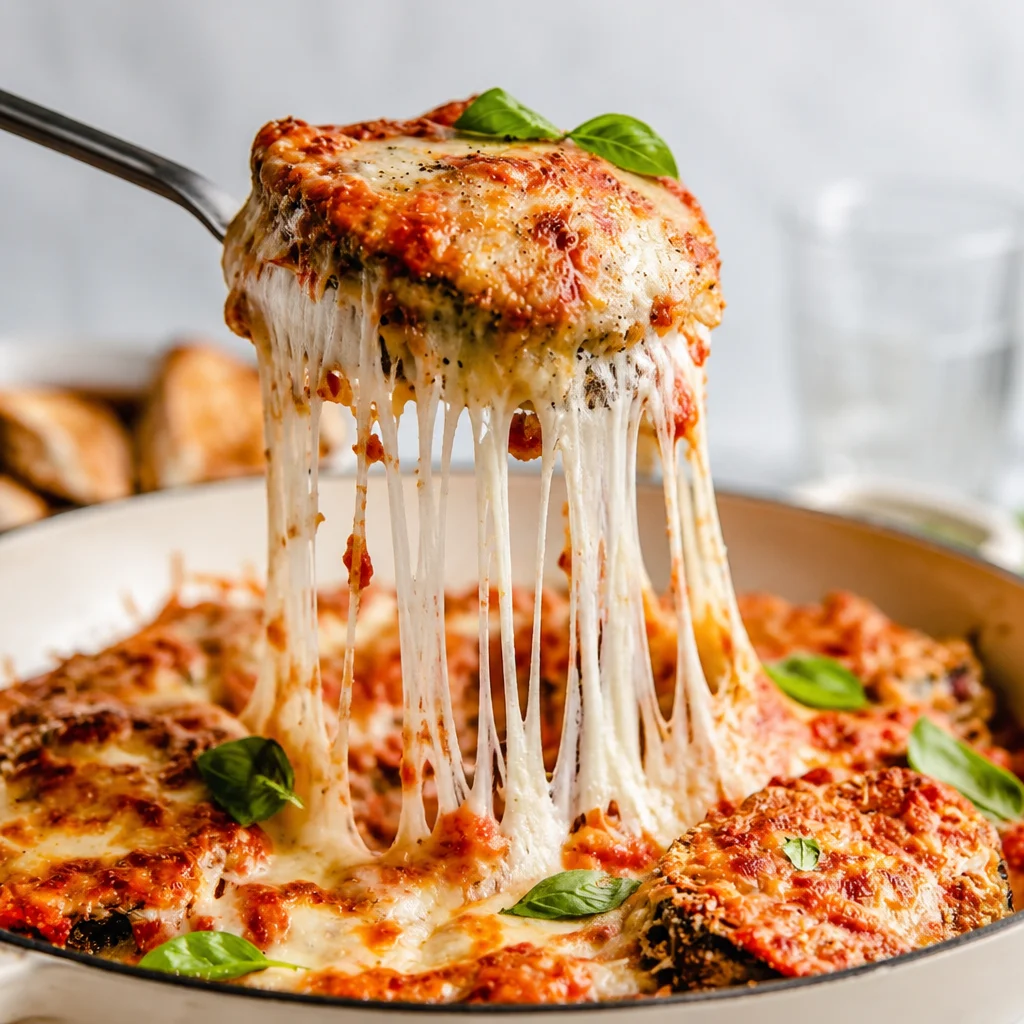 Baked Eggplant Parmesan layered with marinara sauce and melted cheese.