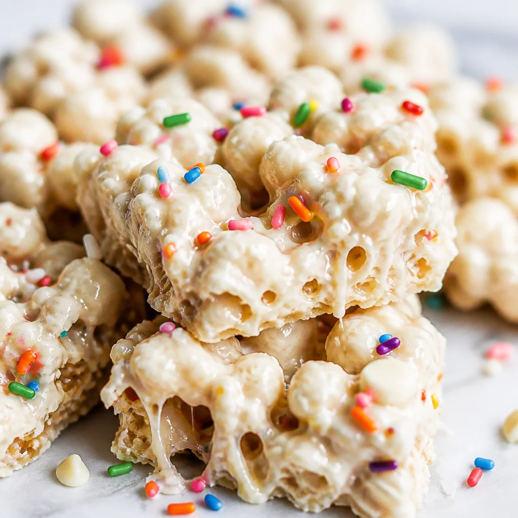 Colorful Homemade Funfetti Marshmallow Popcorn Treats on a serving platter.