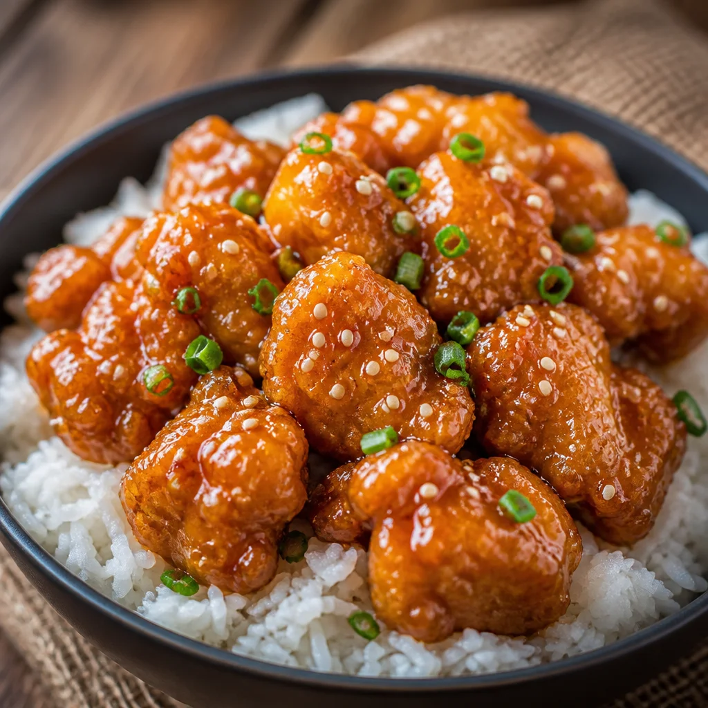 Delicious General Tso's Chicken topped with green onions and red pepper flakes.