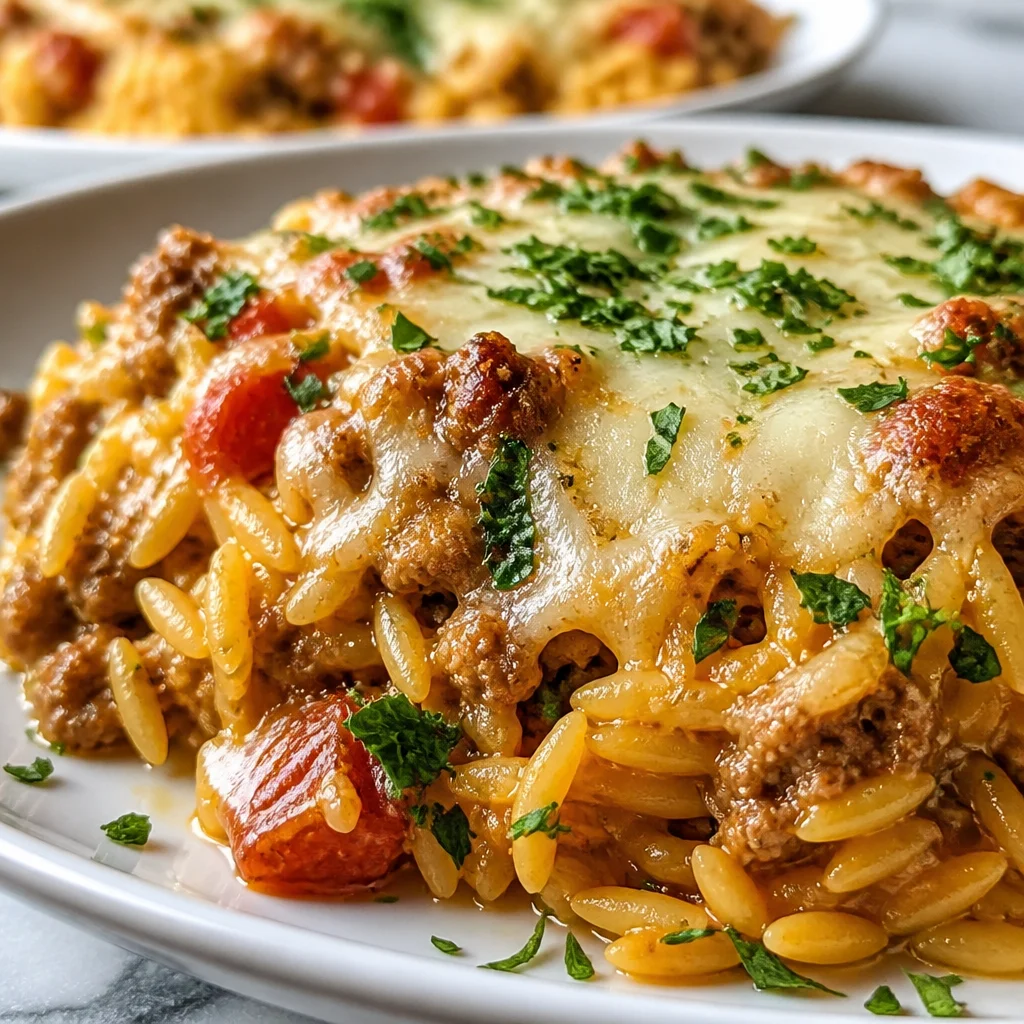 One-Pan Ground Beef Orzo Bake with creamy tomato sauce and ground beef.