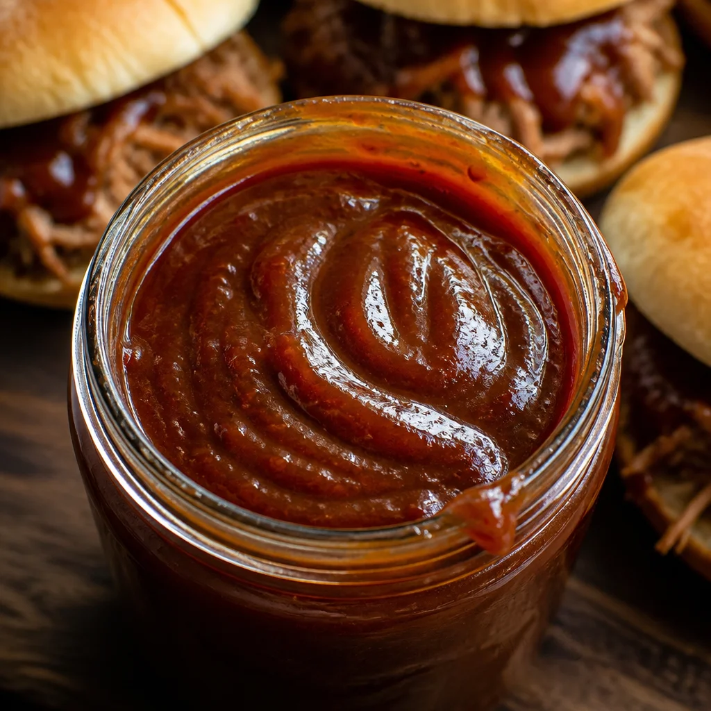Homemade canned BBQ sauce simmered with spices and fresh tomatoes.