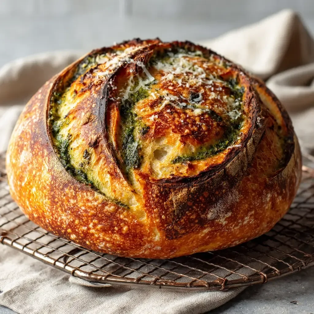 Freshly baked Pesto Parmesan Sourdough Bread with herby flavor and golden crust