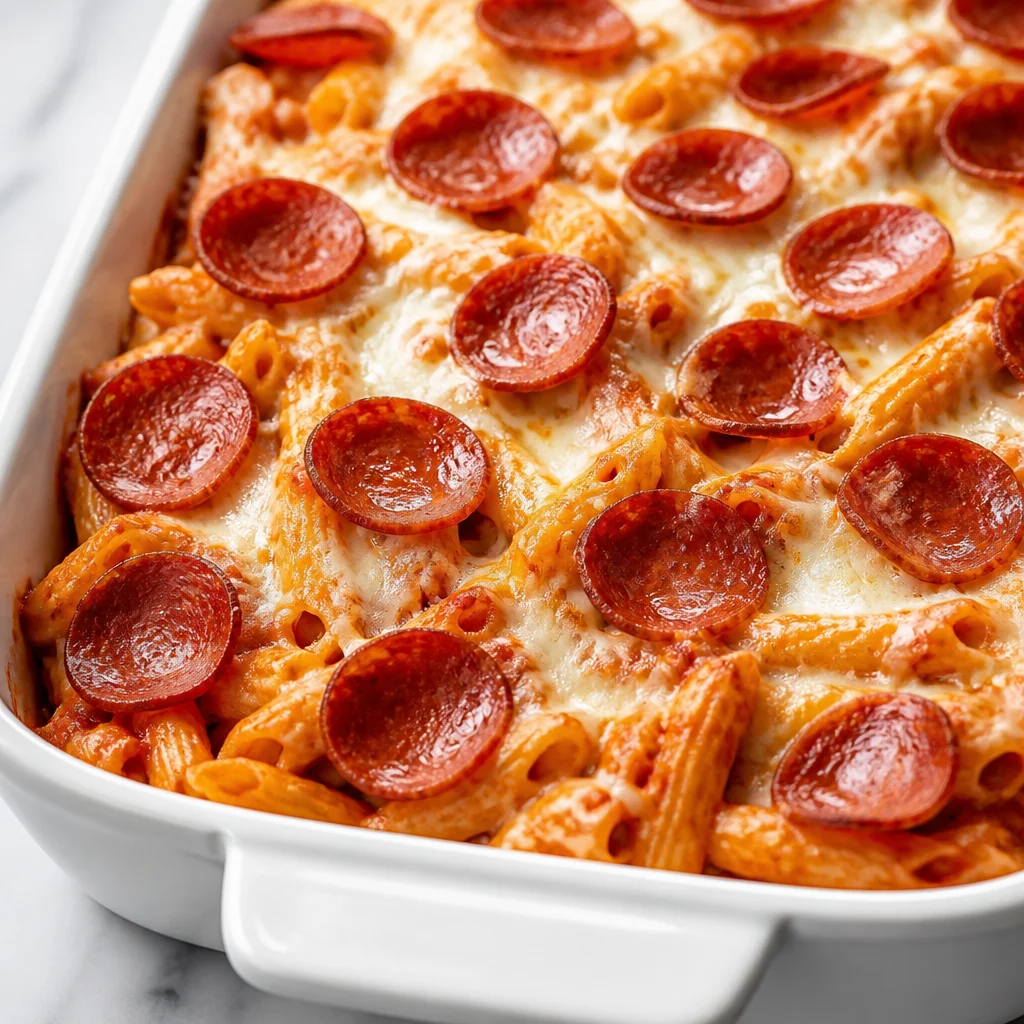 Baked Pizza Pasta topped with cheese and pepperoni in a baking dish