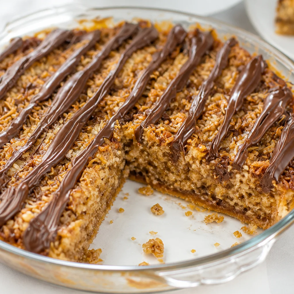 Delicious Samoas Pie with caramel, chocolate, and coconut layers