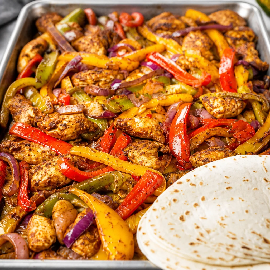 Sheet Pan Chicken Fajitas with colorful veggies and grilled chicken strips on a baking sheet.