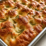 Golden crispy sourdough focaccia bread topped with herbs and olive oil