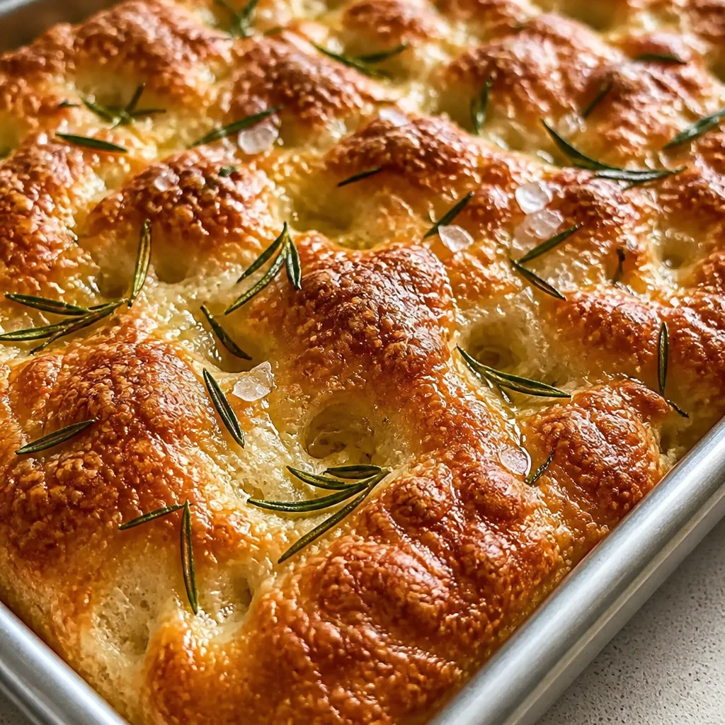 Golden crispy sourdough focaccia bread topped with herbs and olive oil