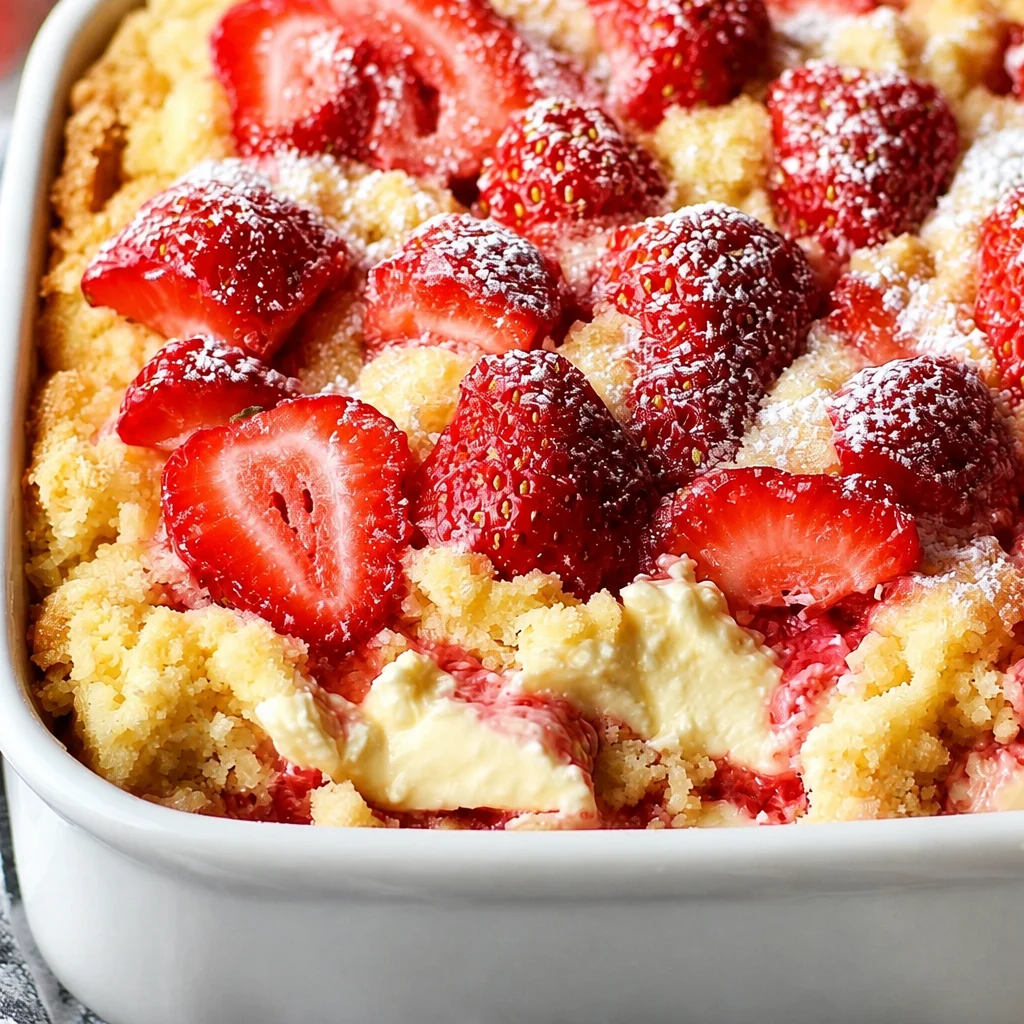Delicious Strawberry Cheesecake Dump Cake with creamy filling and buttery crust