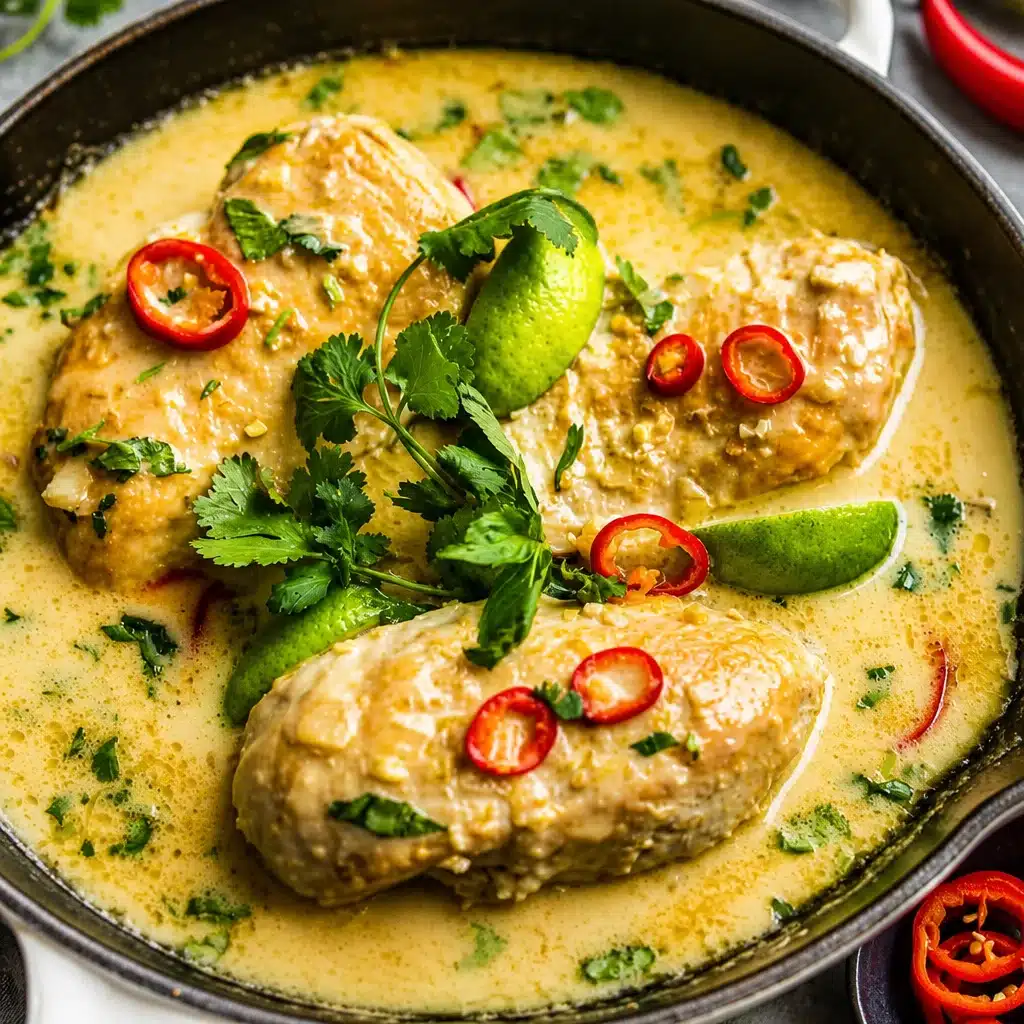 Thai Coconut Lime Chicken served with lime and coconut garnishes in a skillet.