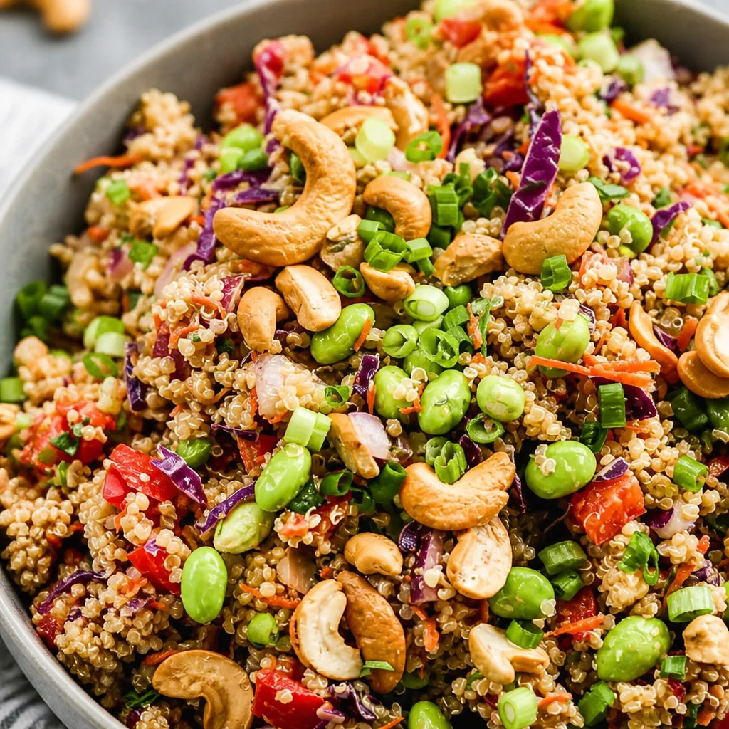High Protein Thai Quinoa Salad with fresh vegetables and lime vinaigrette