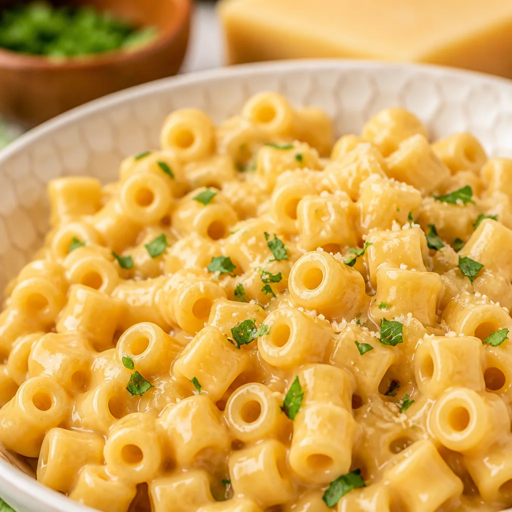 A delicious bowl of viral Ditalini Pasta topped with creamy garlic and parmesan cheese
