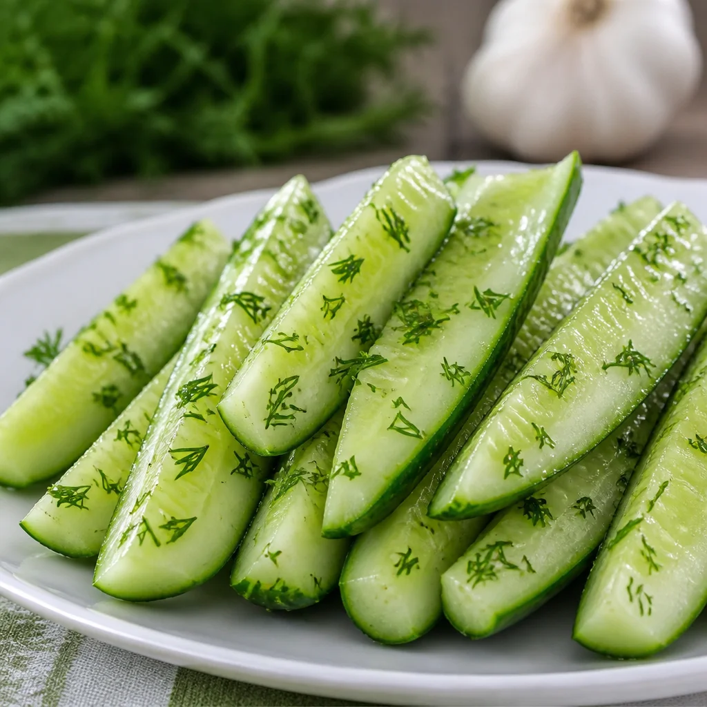 Crisp Garlic Dill Cucumbers with fresh dill and garlic served in a bowl