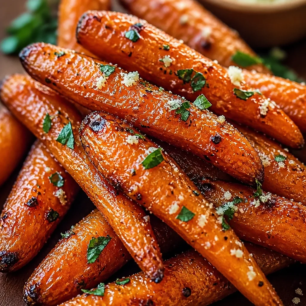 Delicious Parmesan Garlic Roasted Carrots topped with crispy cheese and garlic.