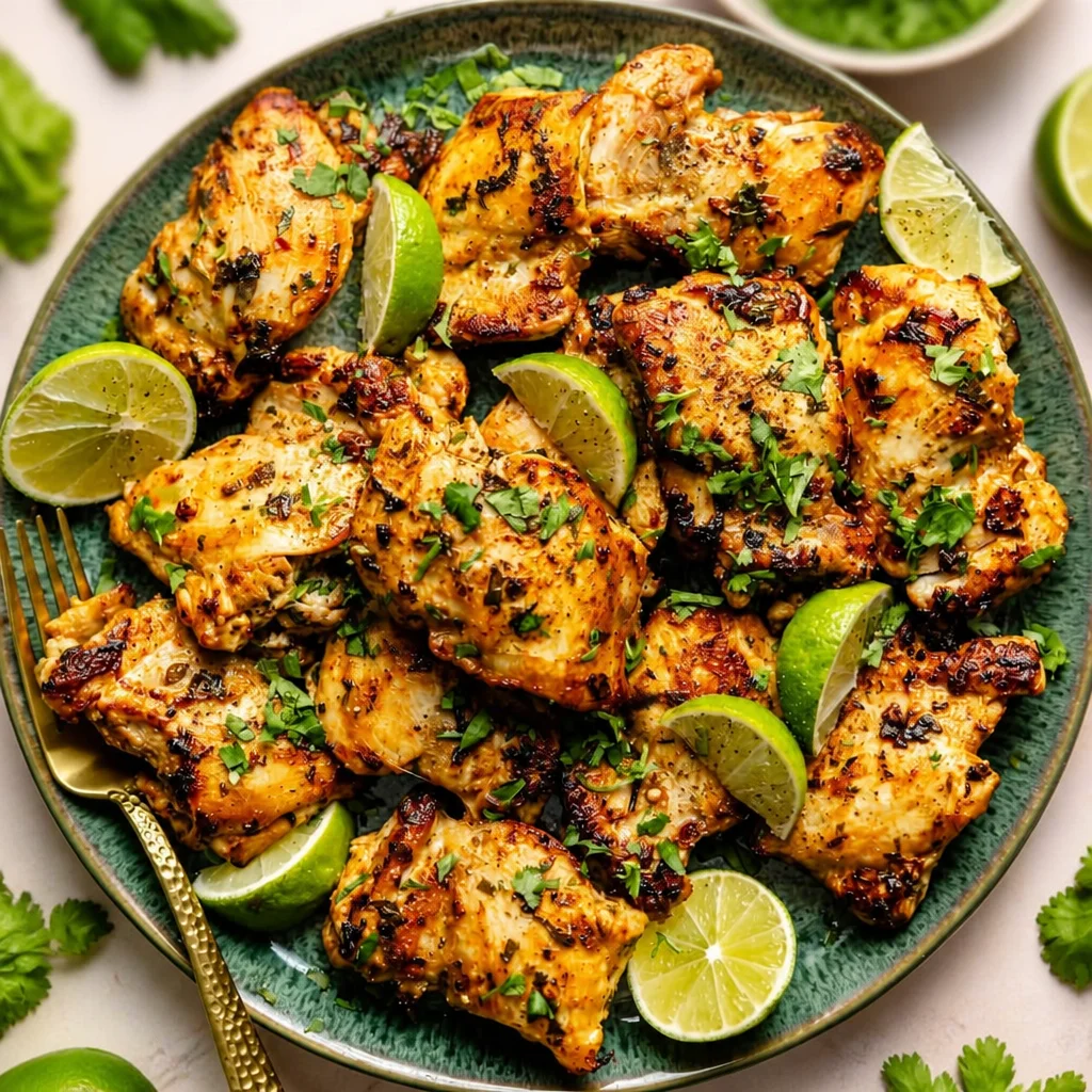 Cilantro Lime Chicken Thighs in a cast iron skillet with fresh cilantro garnish.