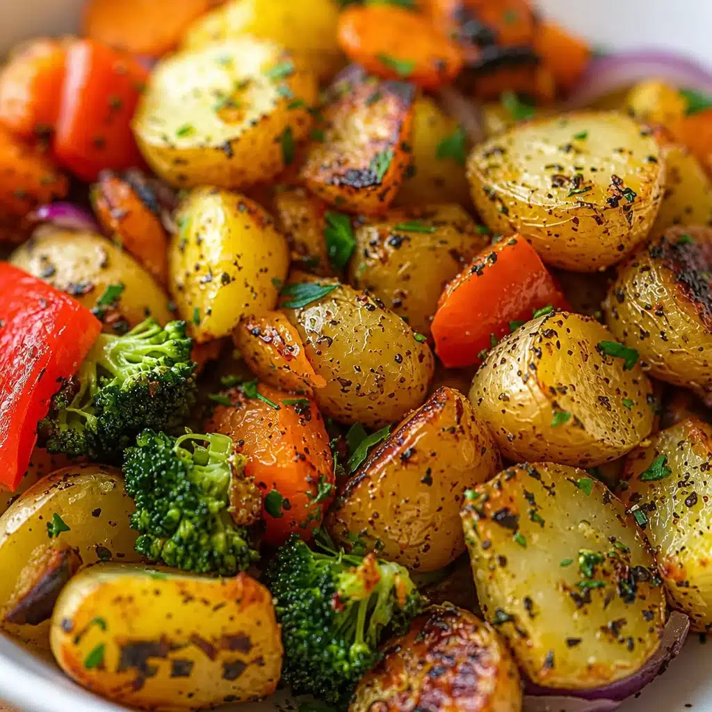 Garlic herb roasted potatoes and veggies on a baking sheet