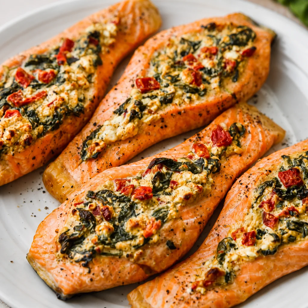 Baked Stuffed Salmon With Spinach & Feta recipe prepared and plated.