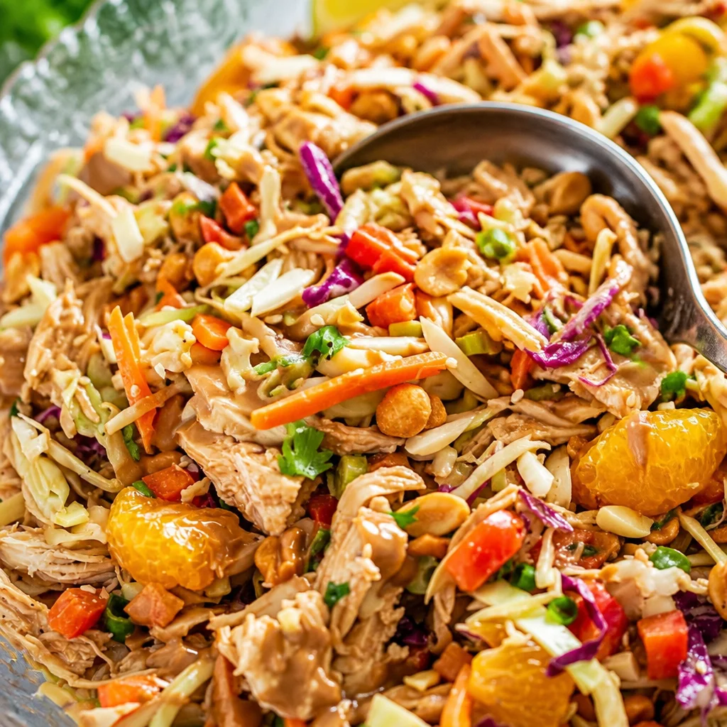 Thai chicken salad with fresh vegetables and spicy peanut dressing
