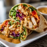 Thai Peanut Chicken Wraps filled with chicken, veggies, and homemade peanut sauce.
