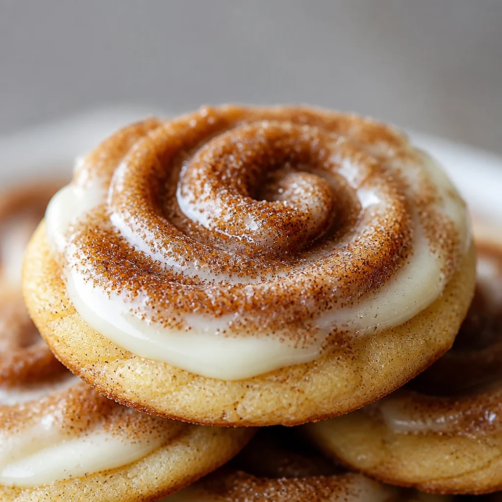 Soft Batch Cinnamon Roll Cheesecake Cookies topped with cream cheese frosting.