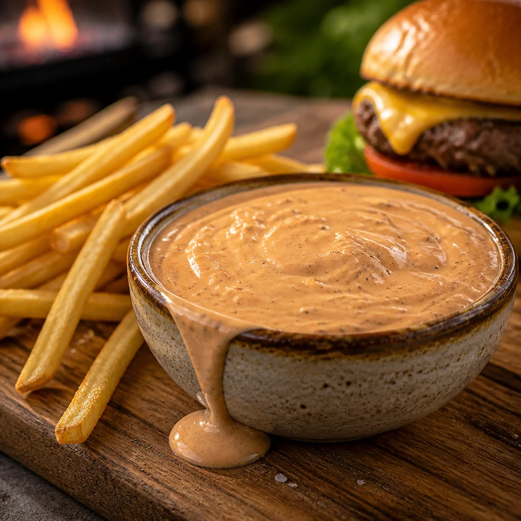 A delicious homemade In-N-Out Burger Sauce served with fries and burgers.