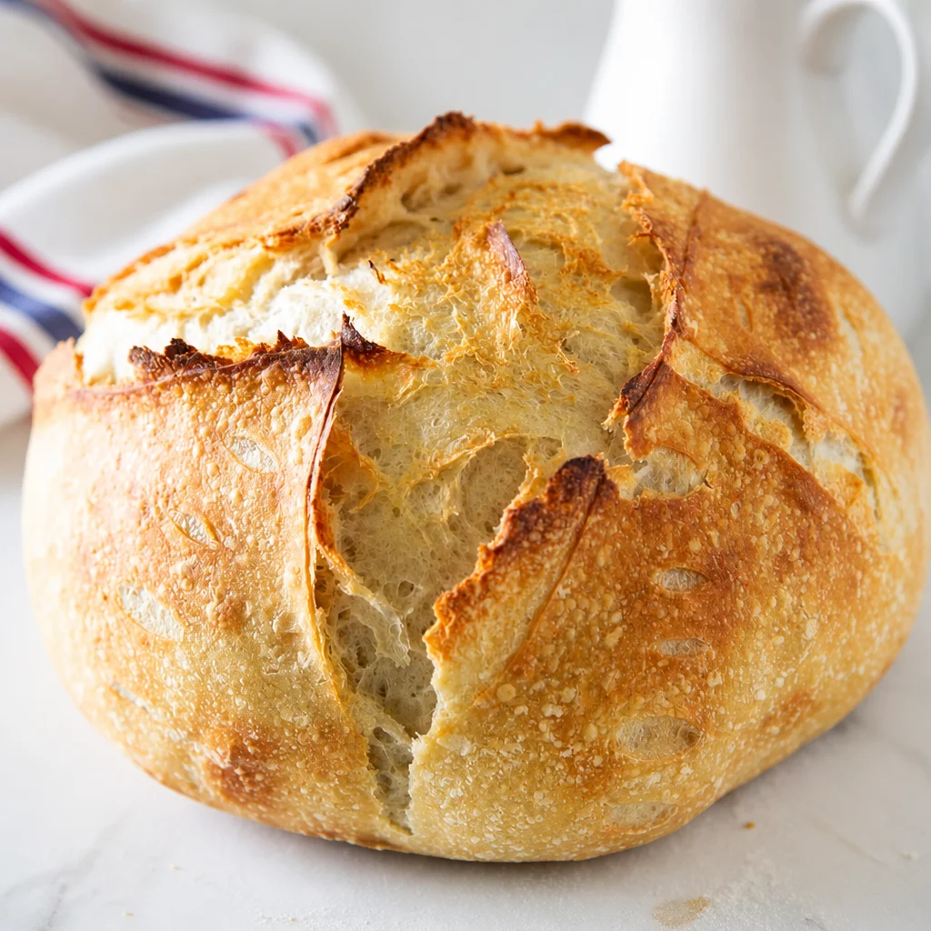 A freshly baked loaf of beginner's sourdough bread on a wooden cutting board.