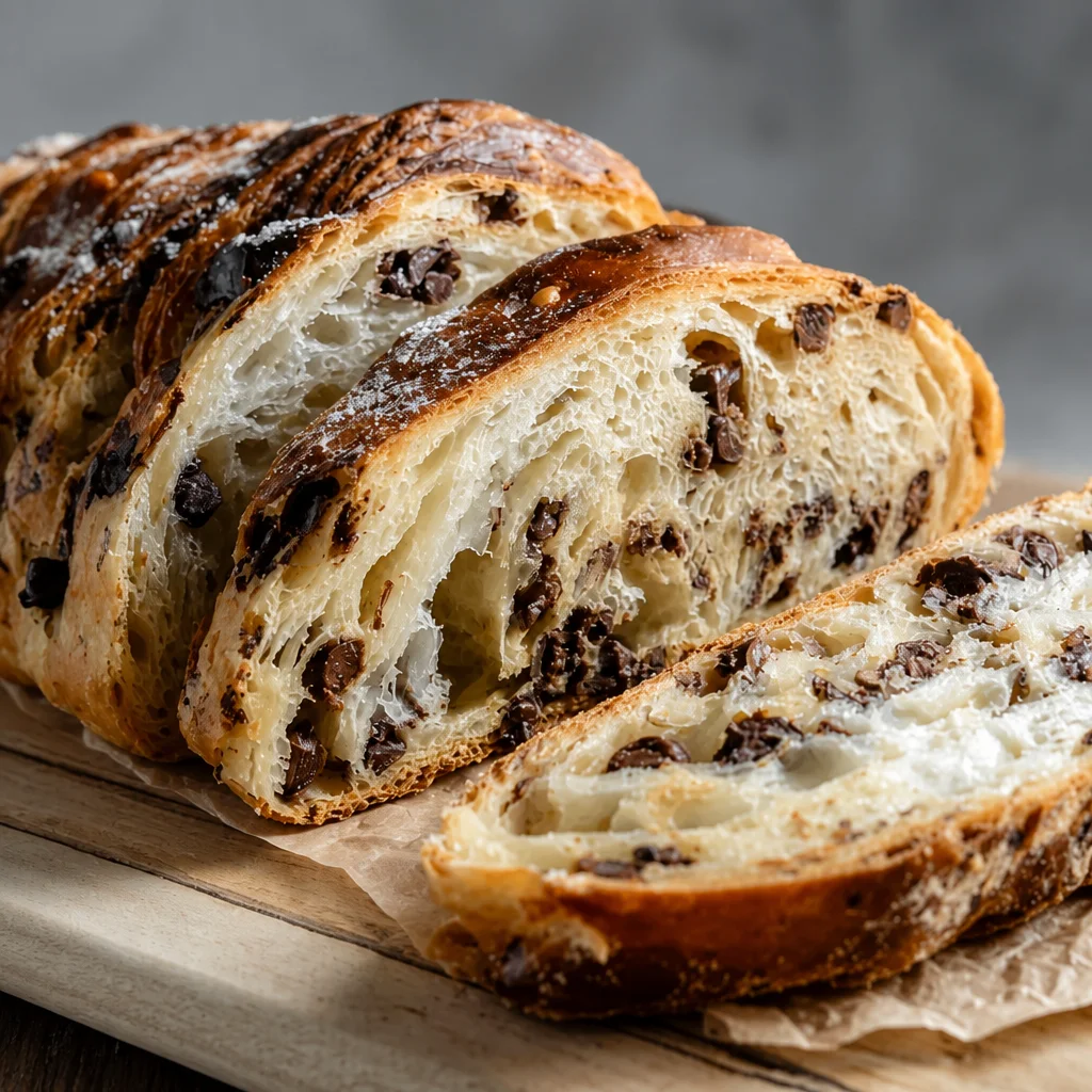 Decadent sourdough chocolate chip croissant bread fresh from the oven
