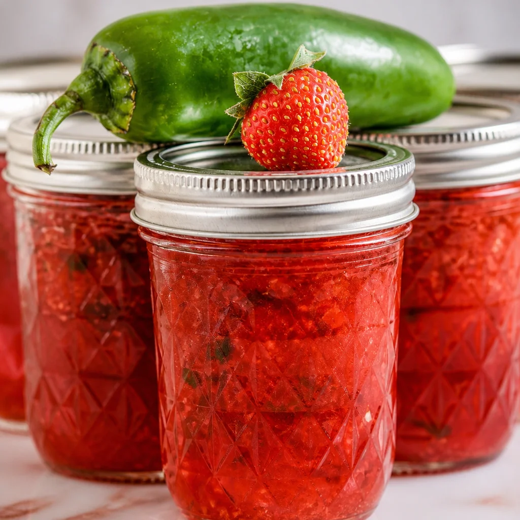 Homemade strawberry jam in a jar with fresh strawberries around it.